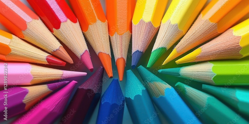 Fototapeta premium Vibrant Colored Pencils in Circular Spectrum Design on White Background for Creativity and Education