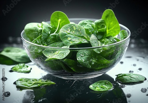 Fresh Spinach Leaves in Glass Bowl with Water Drops on Gray Background photo