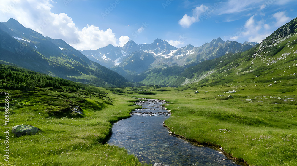 Serene Mountain Valley Landscape with a Clear Stream Serene Mountain Valley Landscape with a Clear Stream