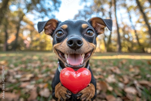 Ad critter conceptual art. Manchester terrier - my beloved dog, symbol of friendship. Cute manchester terrier dog with critter toy red heart on a walk in a spring garden. Love and loyalty dog. photo