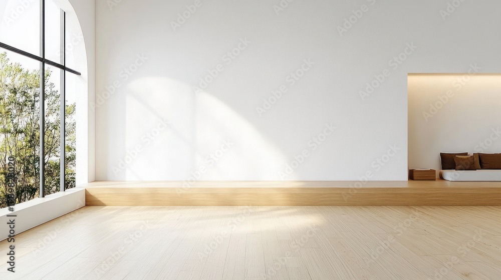 Fototapeta premium Minimalistic Scandinavian Interior Scene with Bright White Wall and Light Wooden Floor for Product Presentation