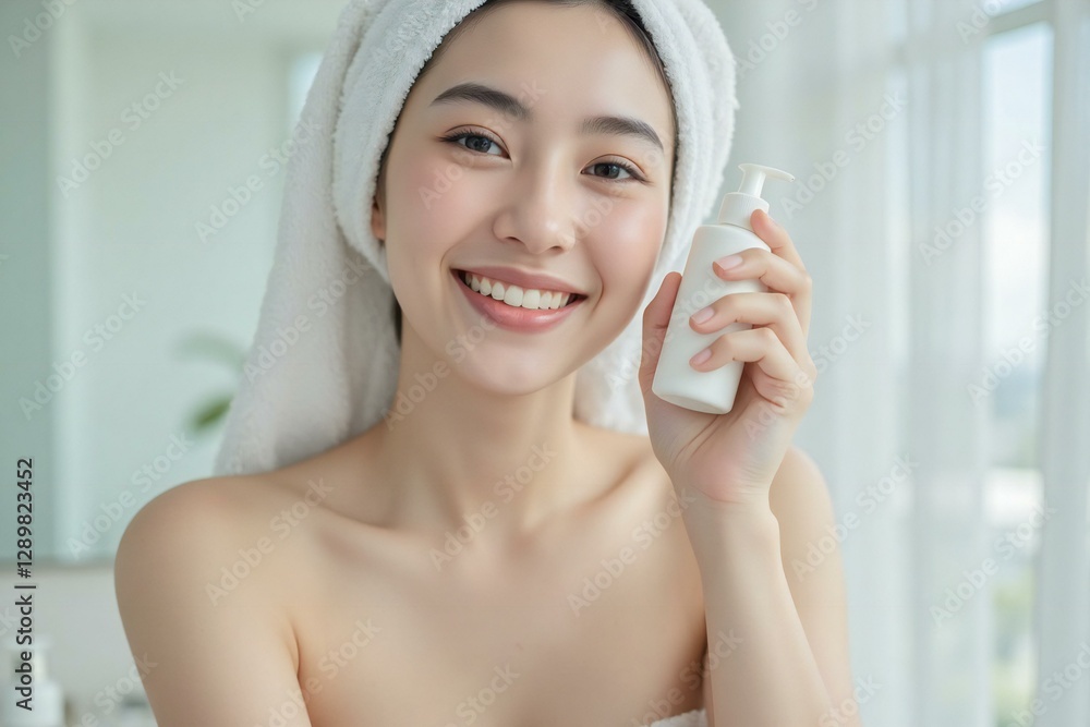 Portrait of Beautiful Woman Show the product with Towel on Head. Portrait of Beautiful Woman Show the product with Towel on Head.