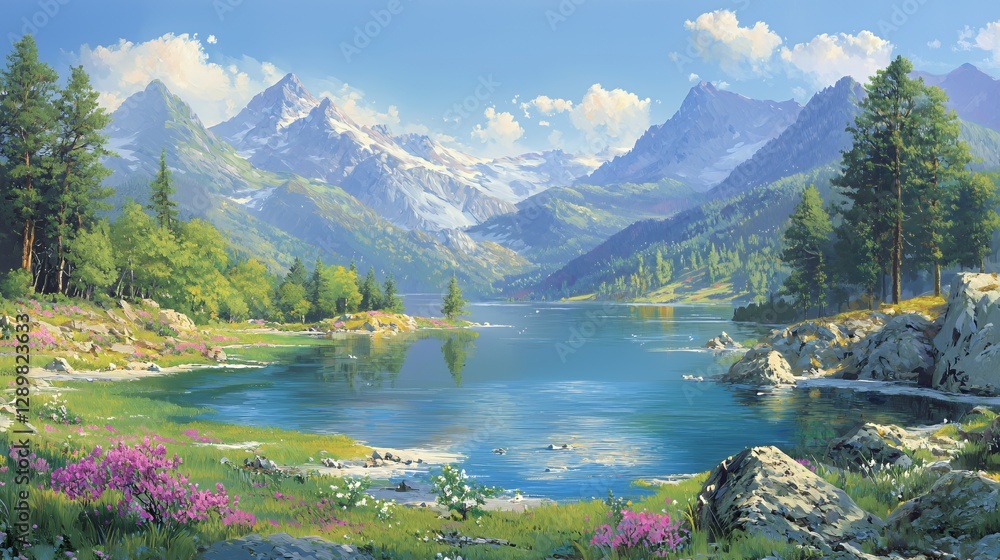 Fototapeta premium Serene Alpine Lake Landscape with Mountain Reflections