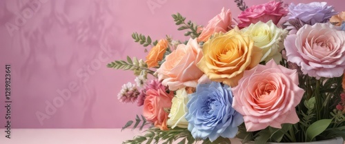 Pastel rainbow gradient background on a floral arrangement, fuzzy, colourful