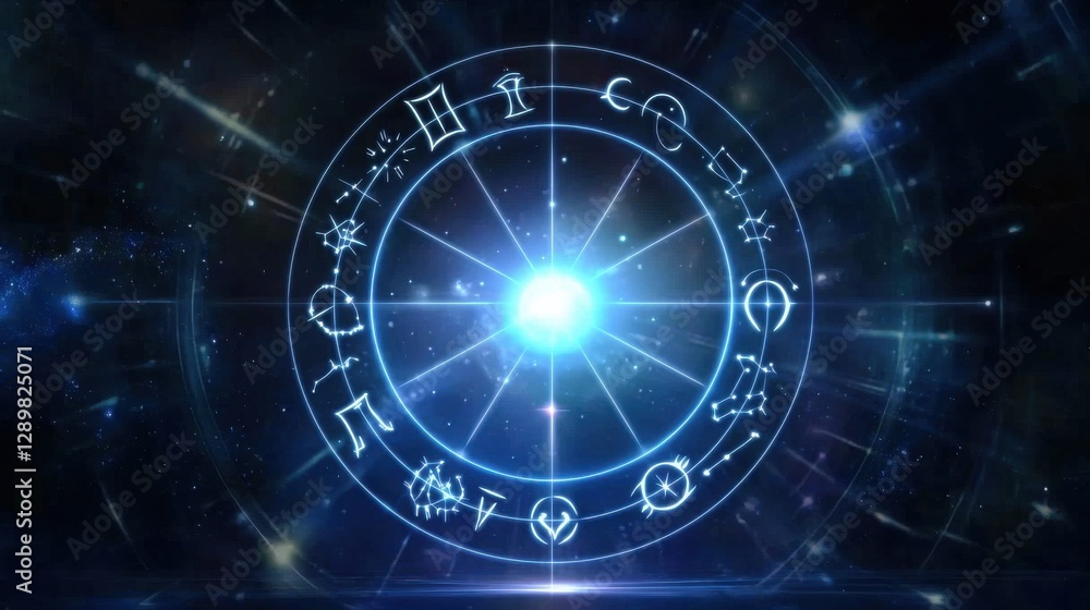 Obraz premium Astrological zodiac wheel with glowing cosmic energy radiant celestial symbols and mystical astrological signs on a dark futuristic background Represents the mystical forces of the universe