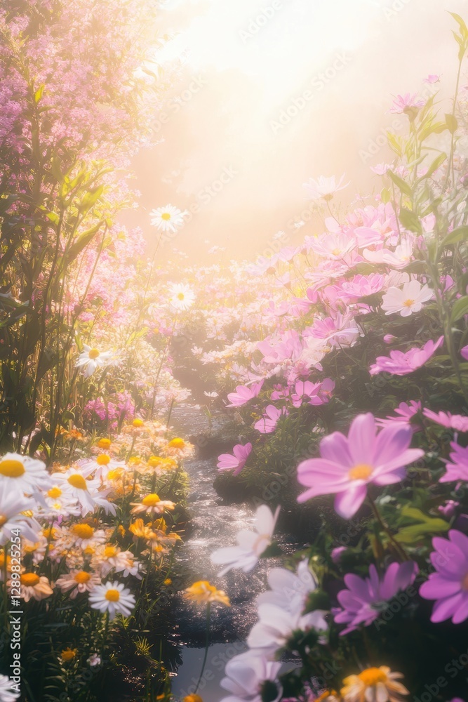 Naklejka premium Beautiful colorful wild flowers in deep foggy forest with sun light in Spring.