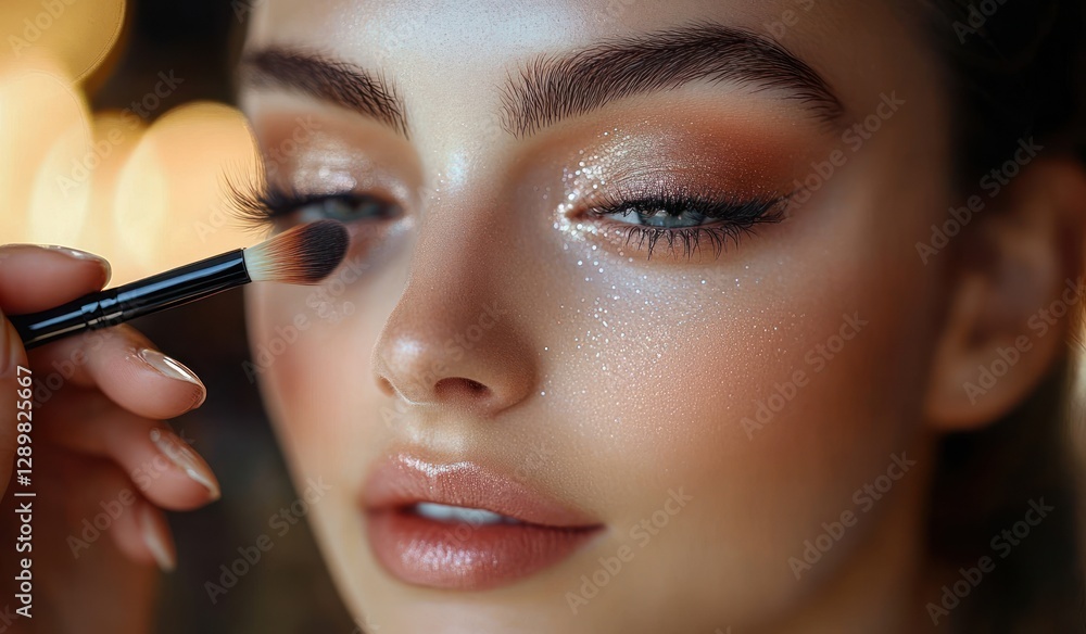 Close-up View of Makeup Application Focused on Eyelid and Eyelashes with Gold Brush Close-up View of Makeup Application Focused on Eyelid and Eyelashes with Gold Brush
