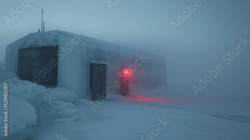 Isolated frozen bunker with a glowing red light in a snowy Arctic landscape covered in thick fog