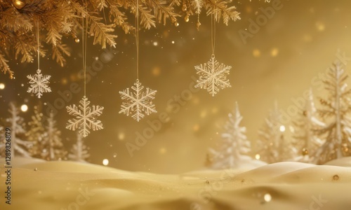 Snowflakes gently falling on a gold-hued winter landscape with hanging Christmas elements against a bright isolated background,  festive atmosphere, Christmas elements