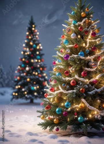 Snowy Christmas tree with colorful ornaments and lights,  festive,  wreath