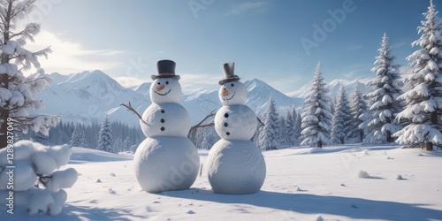 Snowman standing alone in winter landscape with snow-covered trees and mountains,  snow covered trees,  peaceful scene