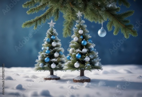 Snowy Christmas tree with ornaments in blue background ,  decoration,  snow