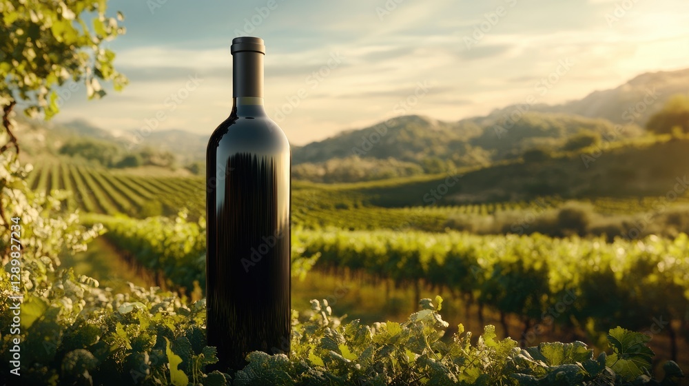 A clean and elegant wine bottle mockup in front of a vibrant vineyard landscape, ideal for marketing wine products or showcasing a brand's story. A clean and elegant wine bottle mockup in front of a vibrant vineyard landscape, ideal for marketing wine products or showcasing a brand's story.