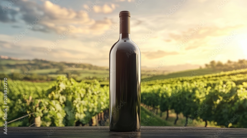 Fototapeta premium A clean and elegant wine bottle mockup in front of a vibrant vineyard landscape, ideal for marketing wine products or showcasing a brand's story.
