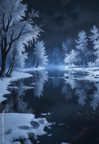 Snowy night scene with a frozen lake and icy trees in blue light,  frozen water,