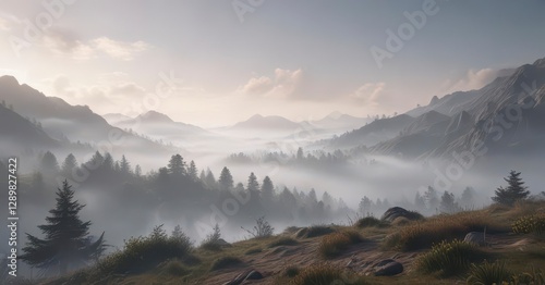 Soft focus misty landscape with fog rolling in, misty, sunrise