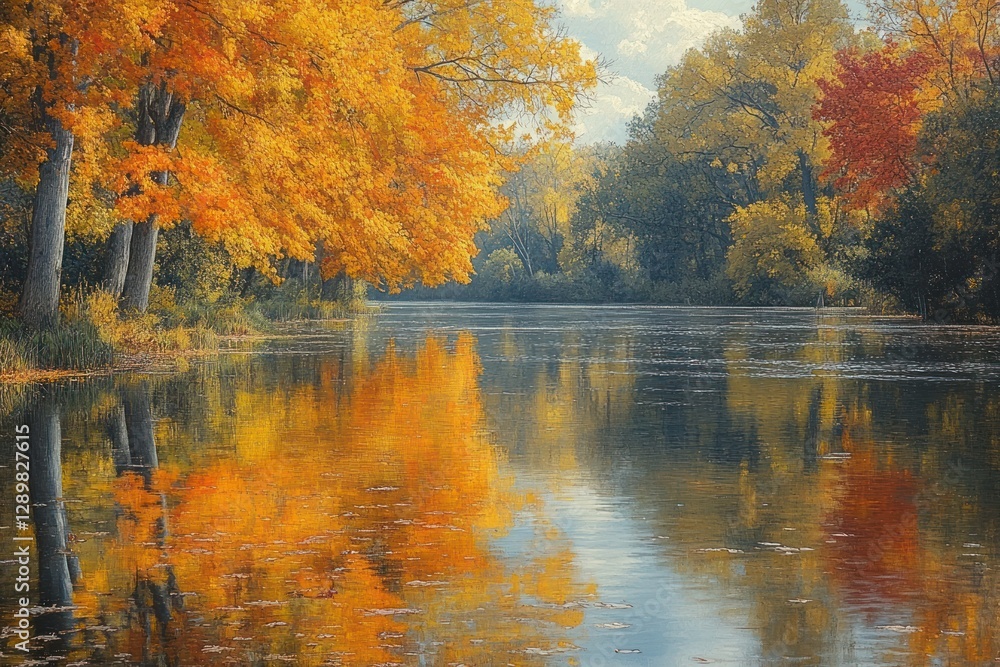 Autumn River Scene with Vibrant Foliage Reflecting in Water Under Blue Sky Autumn River Scene with Vibrant Foliage Reflecting in Water Under Blue Sky
