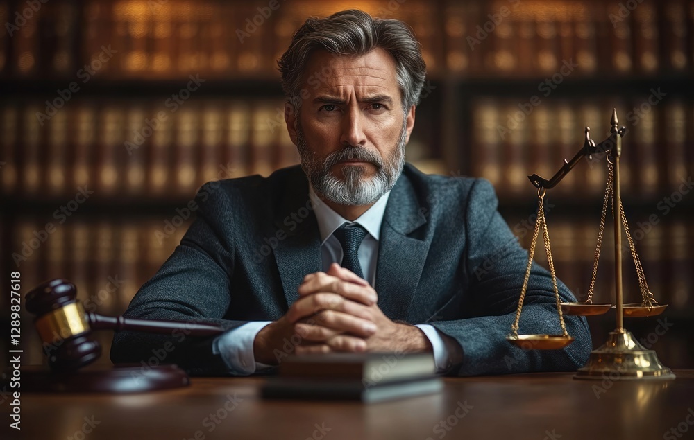Lawyer at Desk with Gavel and Scales of Justice Serious Expression Legal Business Consultation Lawyer at Desk with Gavel and Scales of Justice Serious Expression Legal Business Consultation