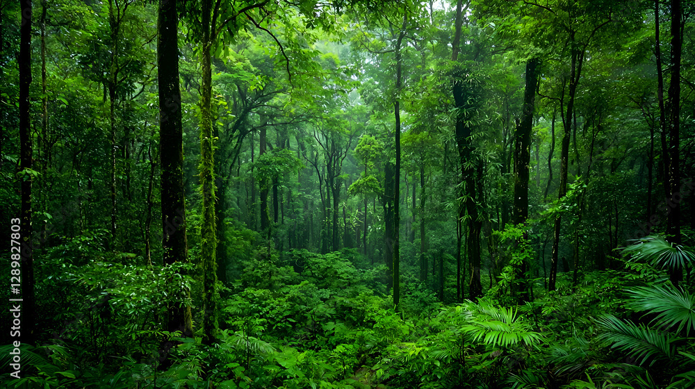 Lush Green Rainforest with Rain and Sunlight