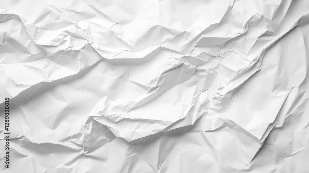 Fototapeta premium A close-up of a crumpled white paper sheet with visible creases and wrinkles, isolated on a white background, symbolizing waste and imperfection.