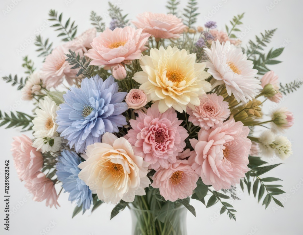 Soft pastel flower bouquet spread on a white background, arrangement, spring Soft pastel flower bouquet spread on a white background, arrangement, spring