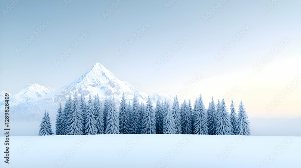 Obraz premium Snowy Mountain Peak and Snow Covered Forest in Winter