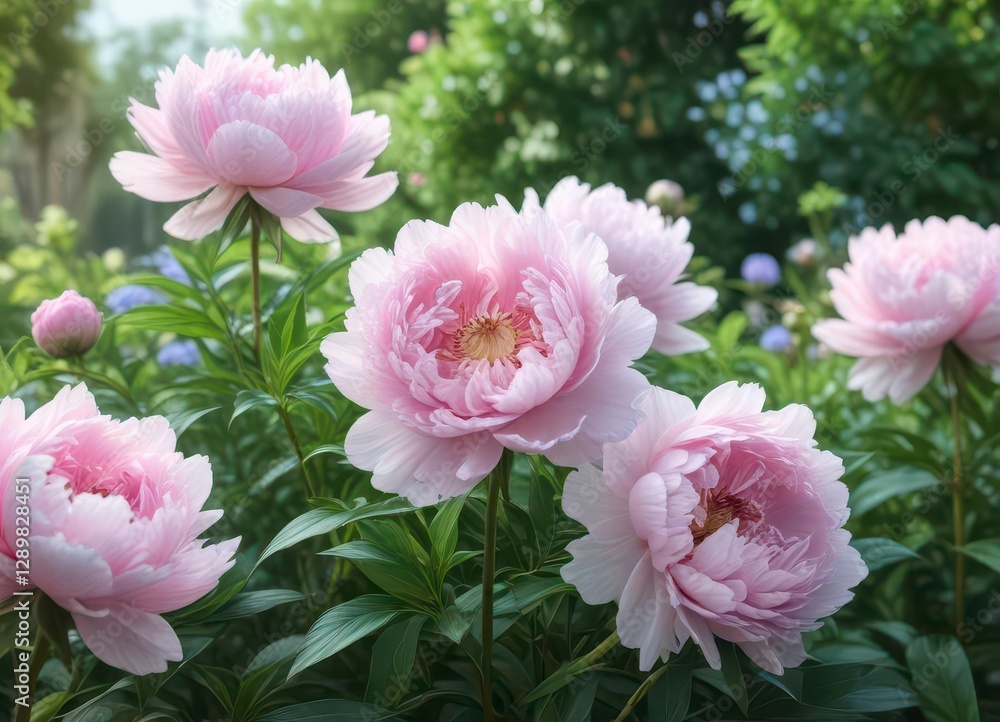 Fototapeta premium Soft pink peonies in a garden with pastel blue flowers and greenery, floral patterns, botanical art