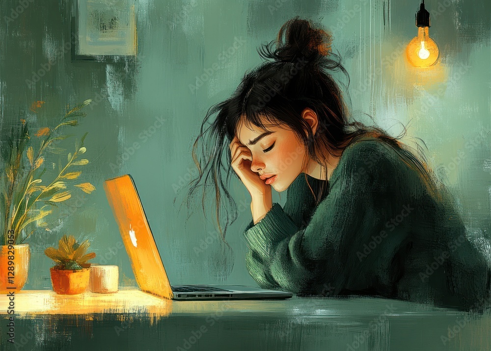 Frustrated woman at desk with head in hands feeling stressed and exhausted from work with headache and anxiety