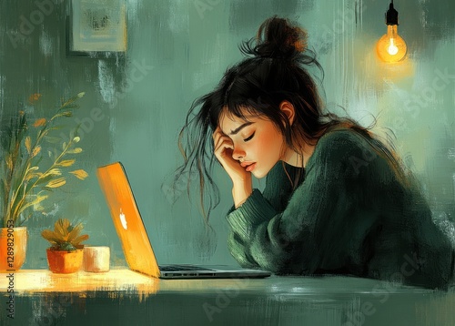 Obraz na płótnie Frustrated woman at desk with head in hands feeling stressed and exhausted from work with headache and anxiety w salonie