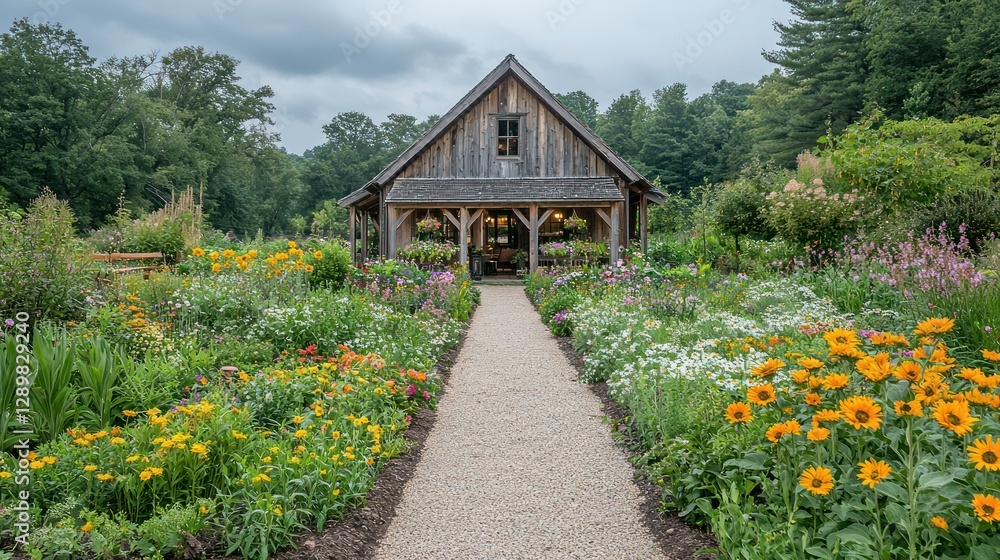 Rustic flower shop, garden path, tranquil countryside, blooming flowers