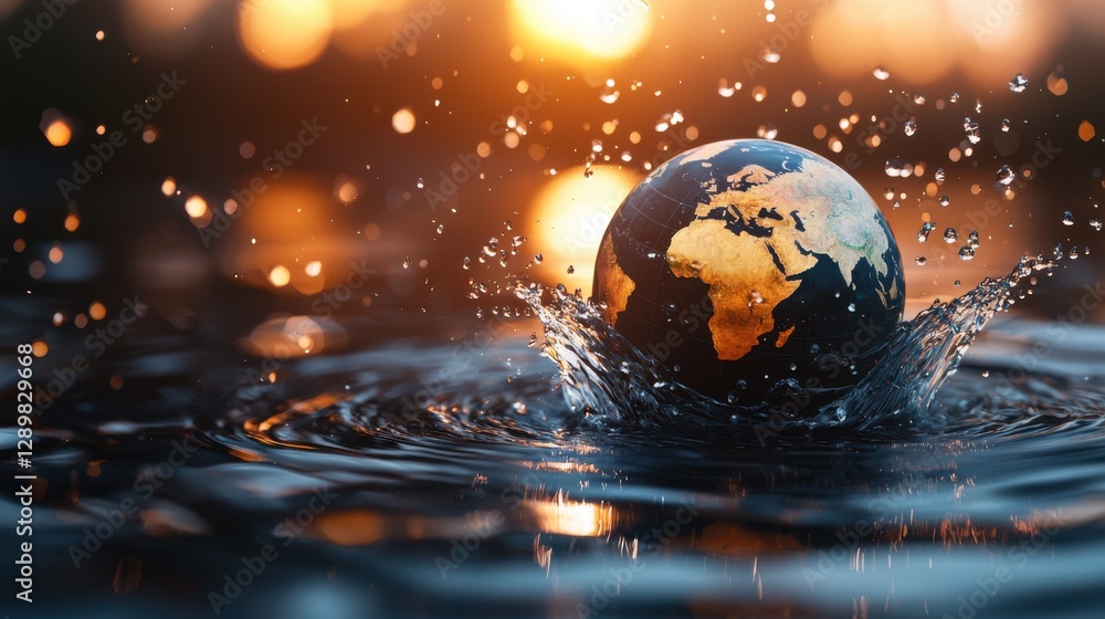 Shimmering globe reflecting in the rippling waters at sunset symbolizing a sustainable and innovative future for our planet Renewable energy environmental conservation Shimmering globe reflecting in the rippling waters at sunset symbolizing a sustainable and innovative future for our planet Renewable energy environmental conservation