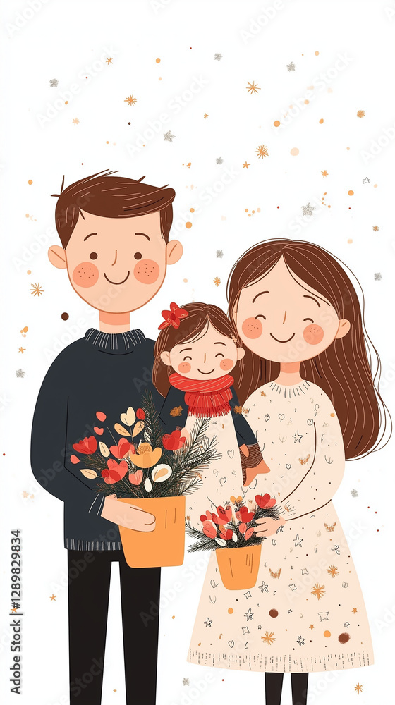 Family's Blossoms of Love: A heartwarming illustration of a family embracing, each holding floral arrangements, embodying togetherness, and the simple joy of life's moments. Family's Blossoms of Love: A heartwarming illustration of a family embracing, each holding floral arrangements, embodying togetherness, and the simple joy of life's moments.