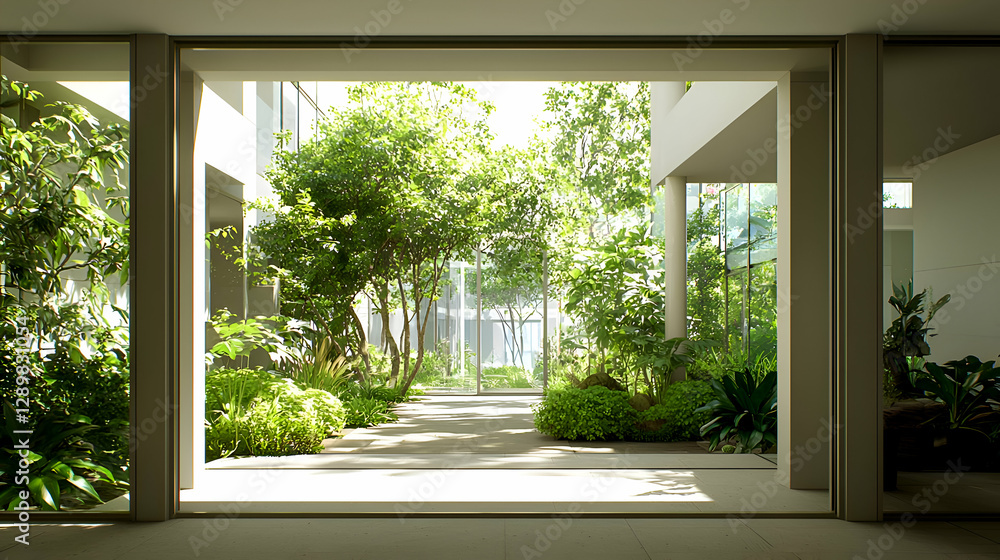Fototapeta premium Sunlit Courtyard Garden with Lush Greenery and Modern Architecture
