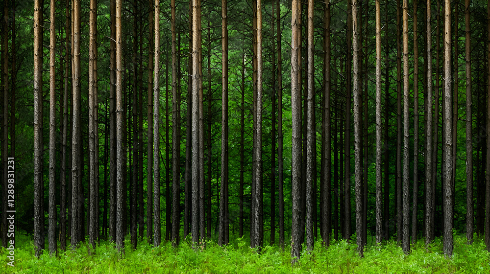 Fototapeta premium Dense Green Pine Forest with Evenly Spaced Trees