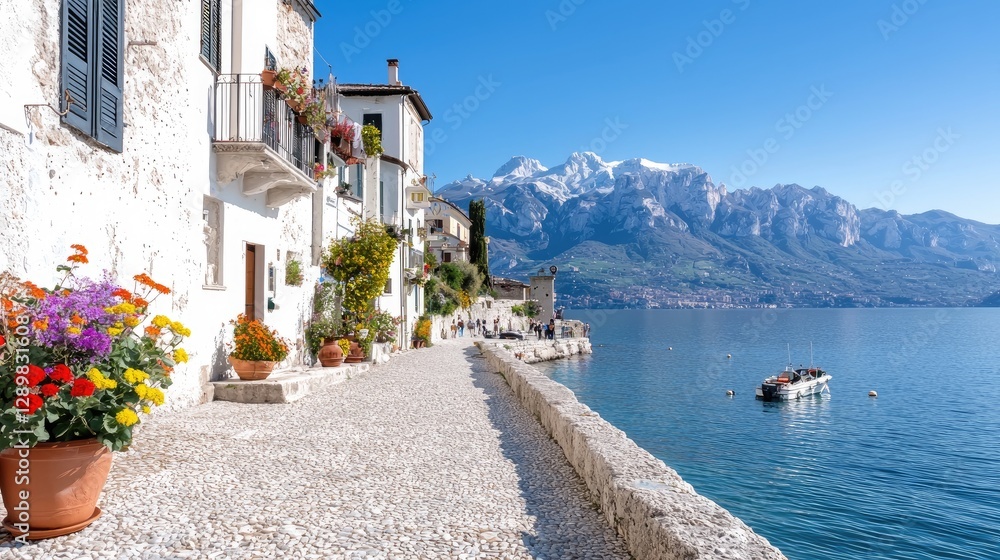 Fototapeta premium Lakeside Italian village promenade, mountains, sunny day, travel