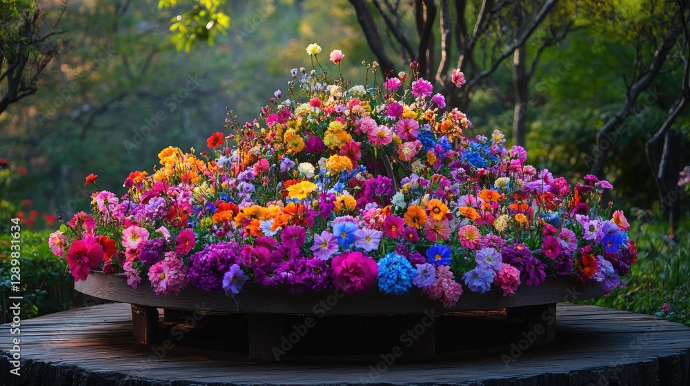 Obraz premium A colorful floral carousel resting on a wooden platform, with each flower displaying a different burst of color, creating a mesmerizing view.