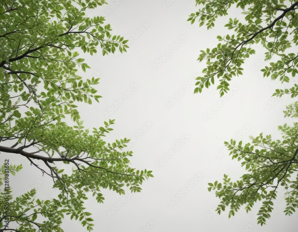 Fototapeta premium Tree branches with green leaves on a white background, green, leaf