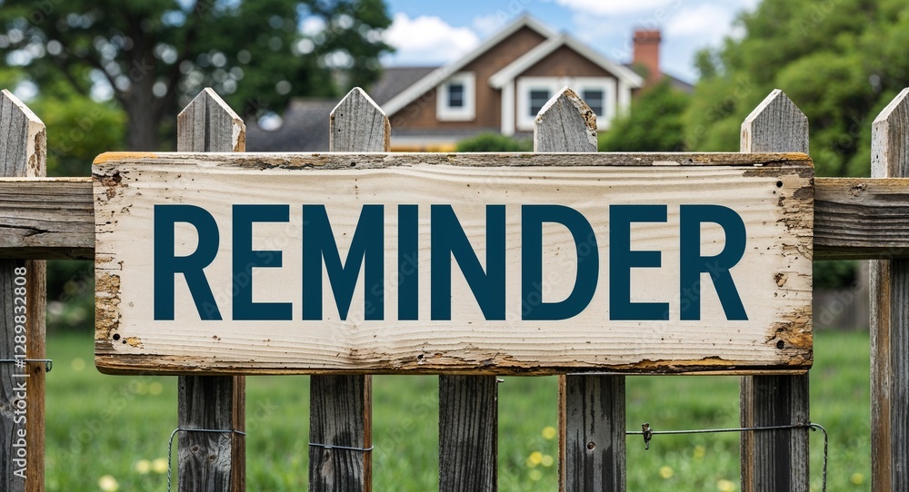 Obraz premium reminder lettering on sign at fence with house background