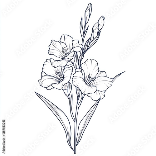 Elegant line drawing of gladiolus flowers.
