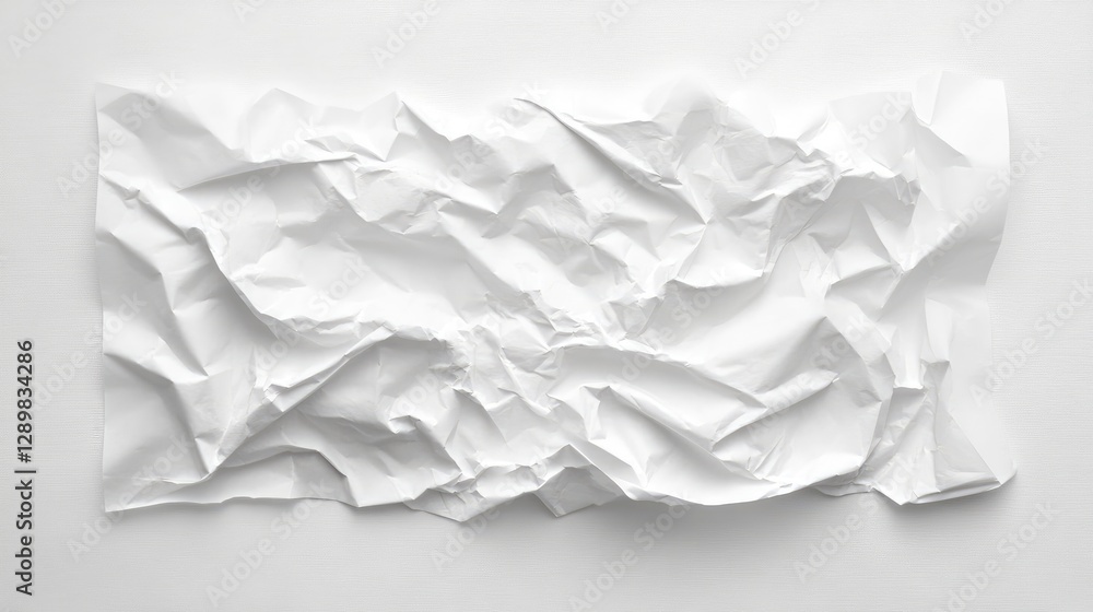 A crumpled piece of white paper with noticeable creases and wrinkles, lying on a plain white background, representing waste and imperfection A crumpled piece of white paper with noticeable creases and wrinkles, lying on a plain white background, representing waste and imperfection