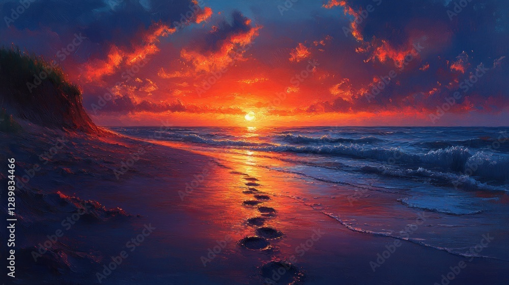Tropical Beach Sunset with Vibrant Hues and Footprints in Soft Sand Tropical Beach Sunset with Vibrant Hues and Footprints in Soft Sand