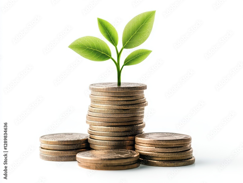 Growing Wealth: A Symbolic Stack of Coins with a Flourishing Plant
