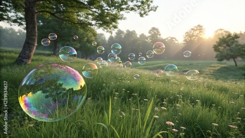 Fototapeta Naklejka Na Ścianę i Meble -  Playful soap bubbles gently drifting across a lush green field, symbolizing lightness, joy, and the carefree spirit of summer