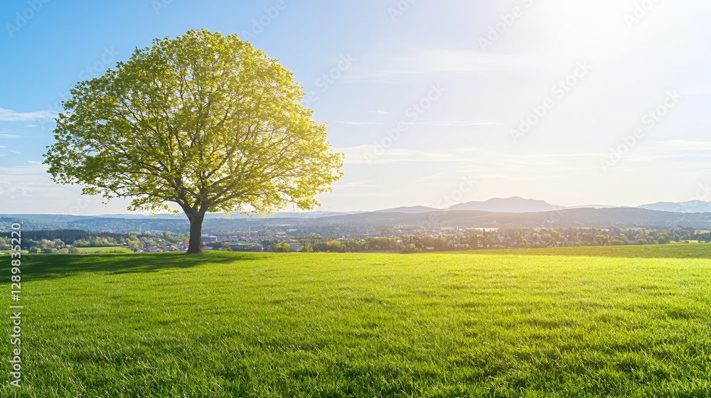 Single Deciduous Tree in Green Field with Distant City Skyline under a Sunny Sky Single Deciduous Tree in Green Field with Distant City Skyline under a Sunny Sky