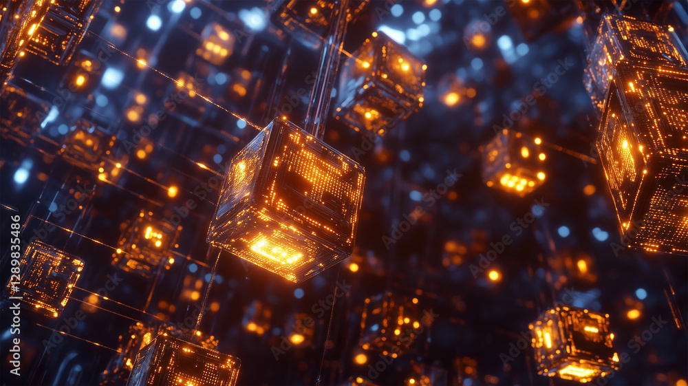 未来的なデジタル空間に広がる3Dブロックチェーンネットワーク 未来的なデジタル空間に広がる3Dブロックチェーンネットワーク