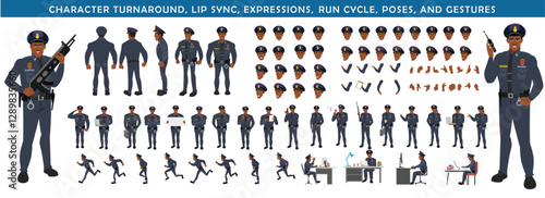 
Police Officer Character Design Model Sheet. Man, Character design. Front, side, back view and explainer animation poses. Character set with lip sync and Walk cycle animation sequences.
