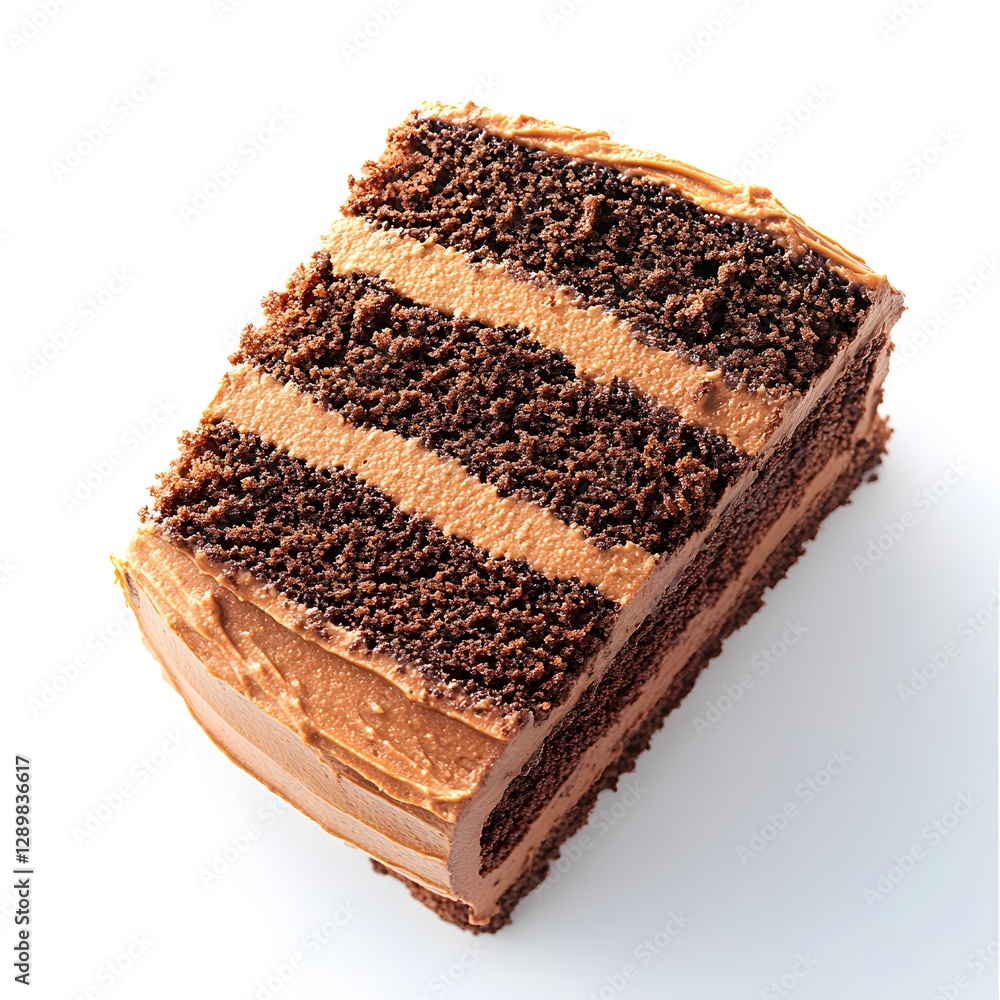 Chocolate cake slice with frosting and visible layers Chocolate cake slice with frosting and visible layers