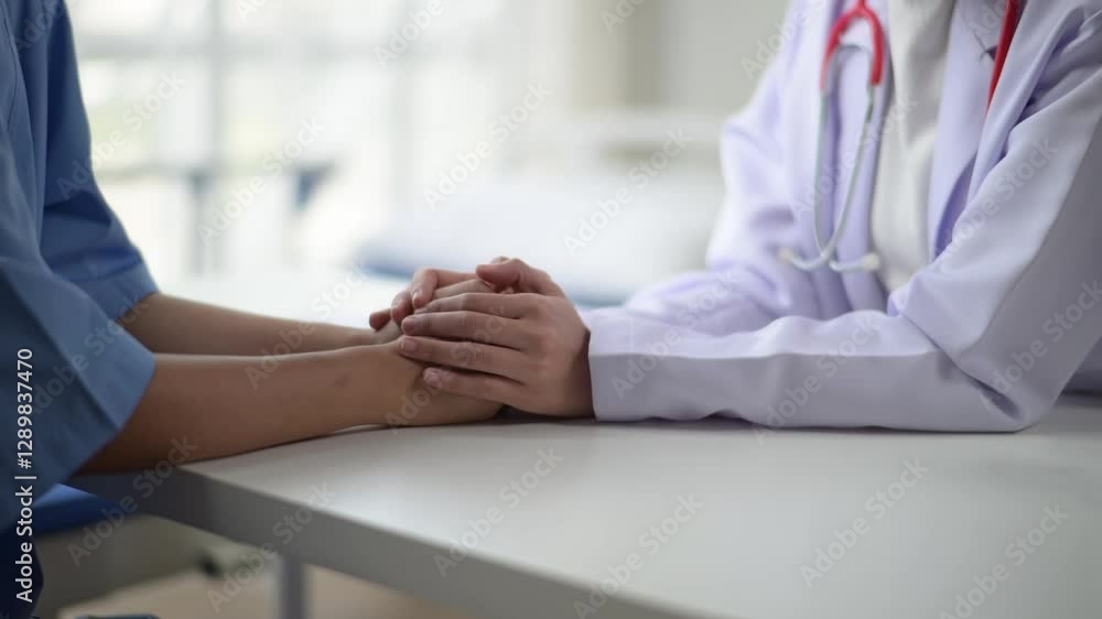 A doctor and a patient are sitting at a desk. The patient is holding the doctor's hand A doctor and a patient are sitting at a desk. The patient is holding the doctor's hand