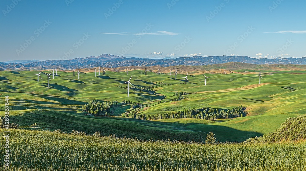 Obraz premium Wind turbines on rolling hills, green landscape, rural scenery, sunny day