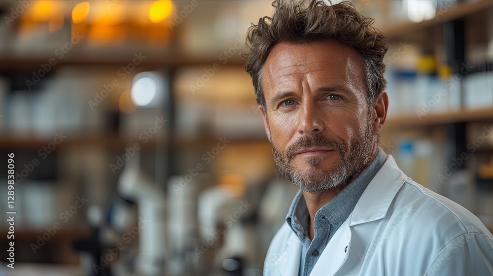 Fototapeta premium Focused male scientist in lab coat embodies dedication to scientific discovery.